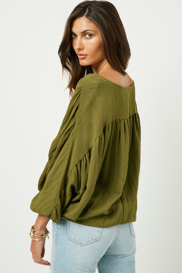 HY2005W Olive Plus Tasseled V Neck Dolman Top Back